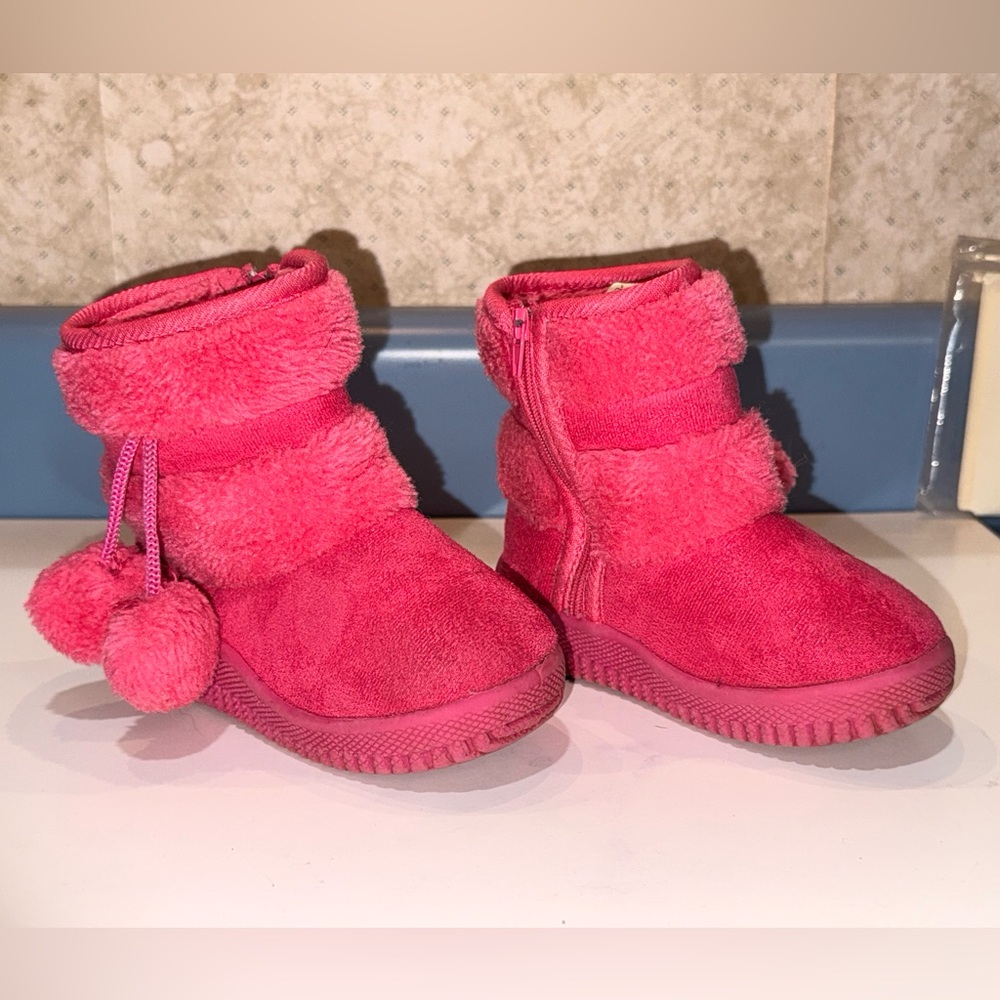 Pink Fuzzy Kids Boots with Pom Poms
